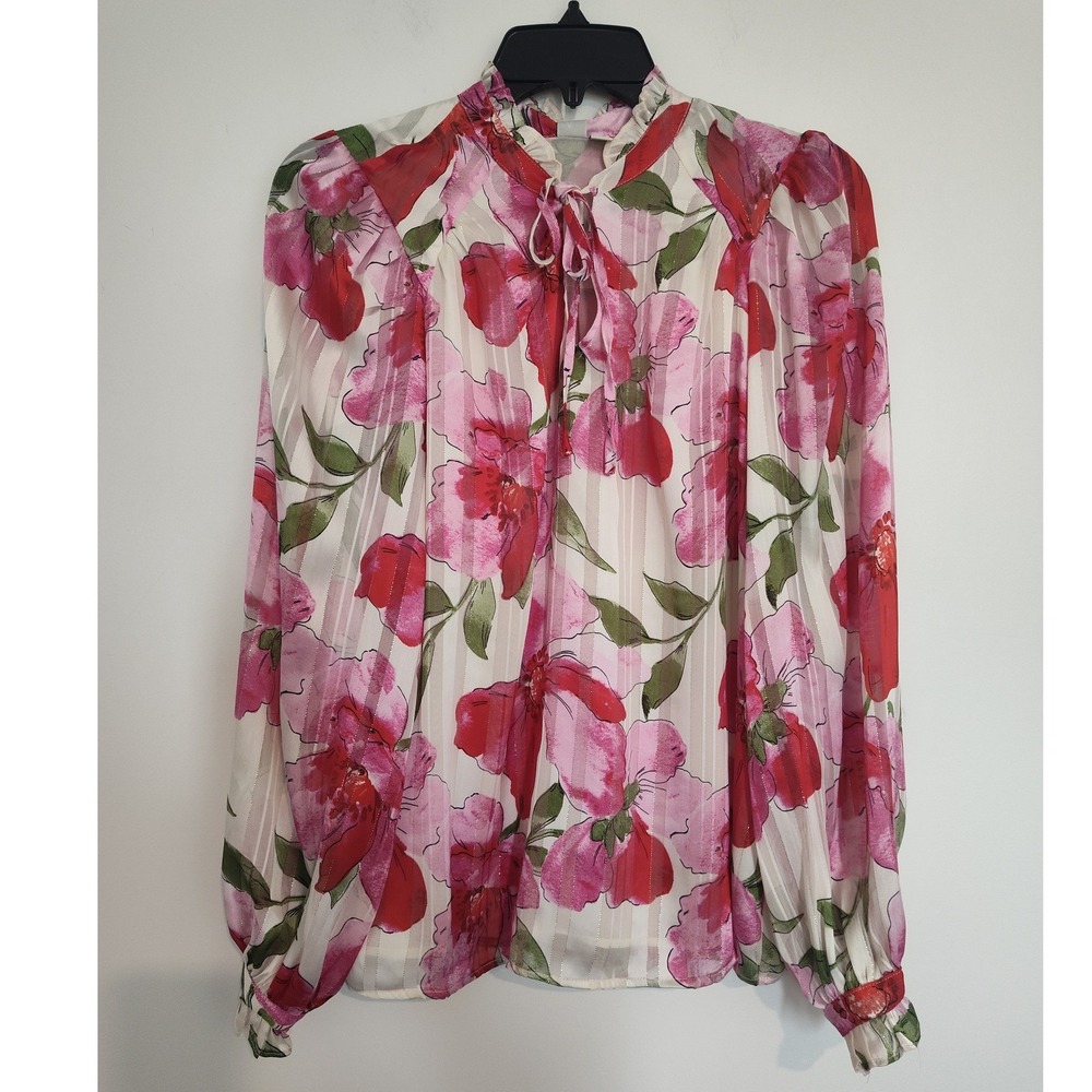 Joie Pink Red Floral Metallic Stripe Ruffle Neck Balloon Sleeve Blouse Small NWT